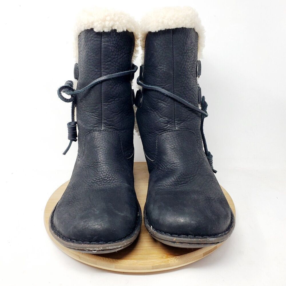 UGG Akadia Boots Women 9 Black Nubuck‎ Leather Shearling Wrap Tie Winter Shoes - Picture 3 of 13